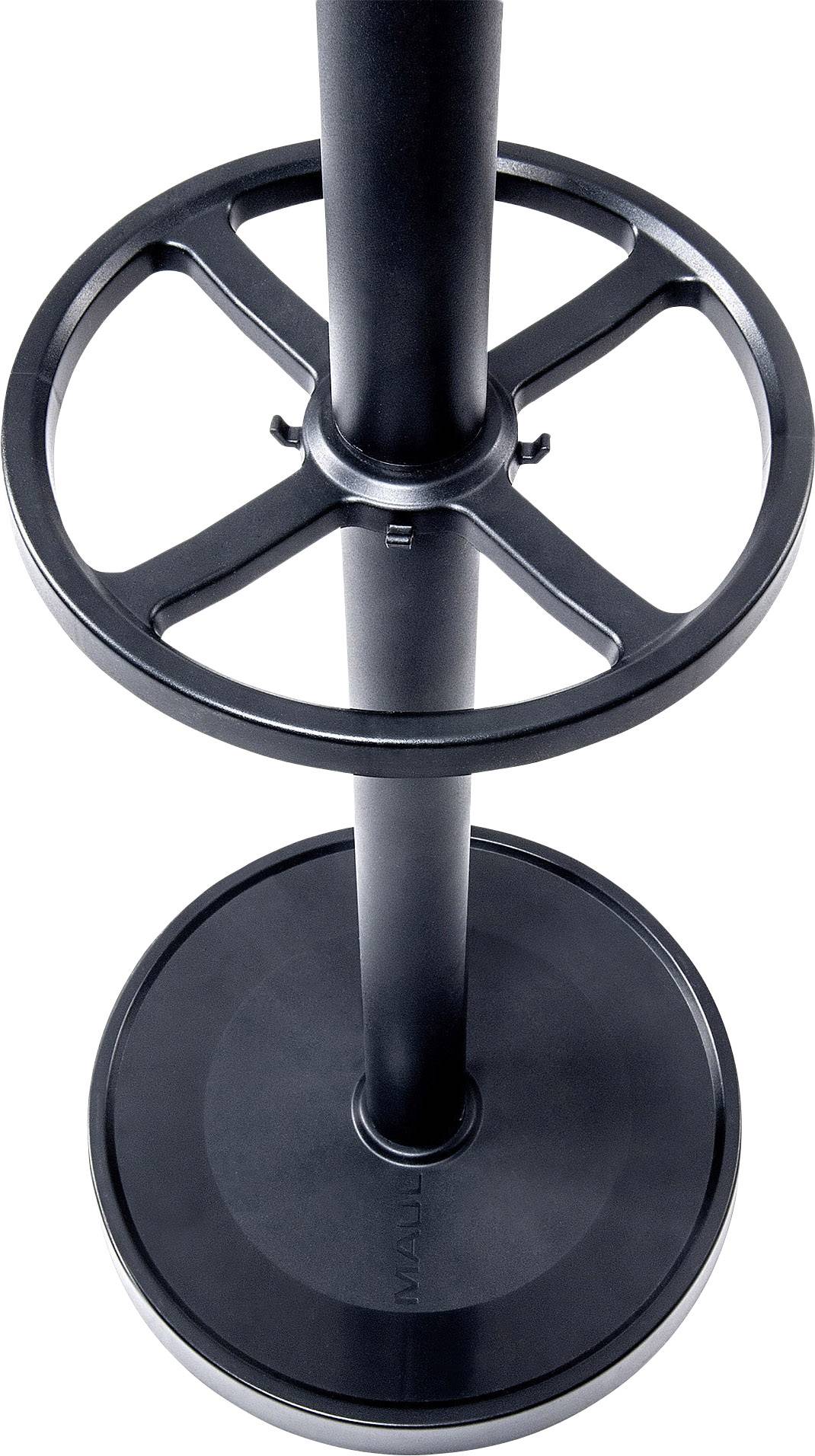 Czarny metalowy stojak z dwiema okrągłymi płytkami, zamocowanymi jedna nad drugą, do przechowywania sprzętu lub podobnych zastosowań.