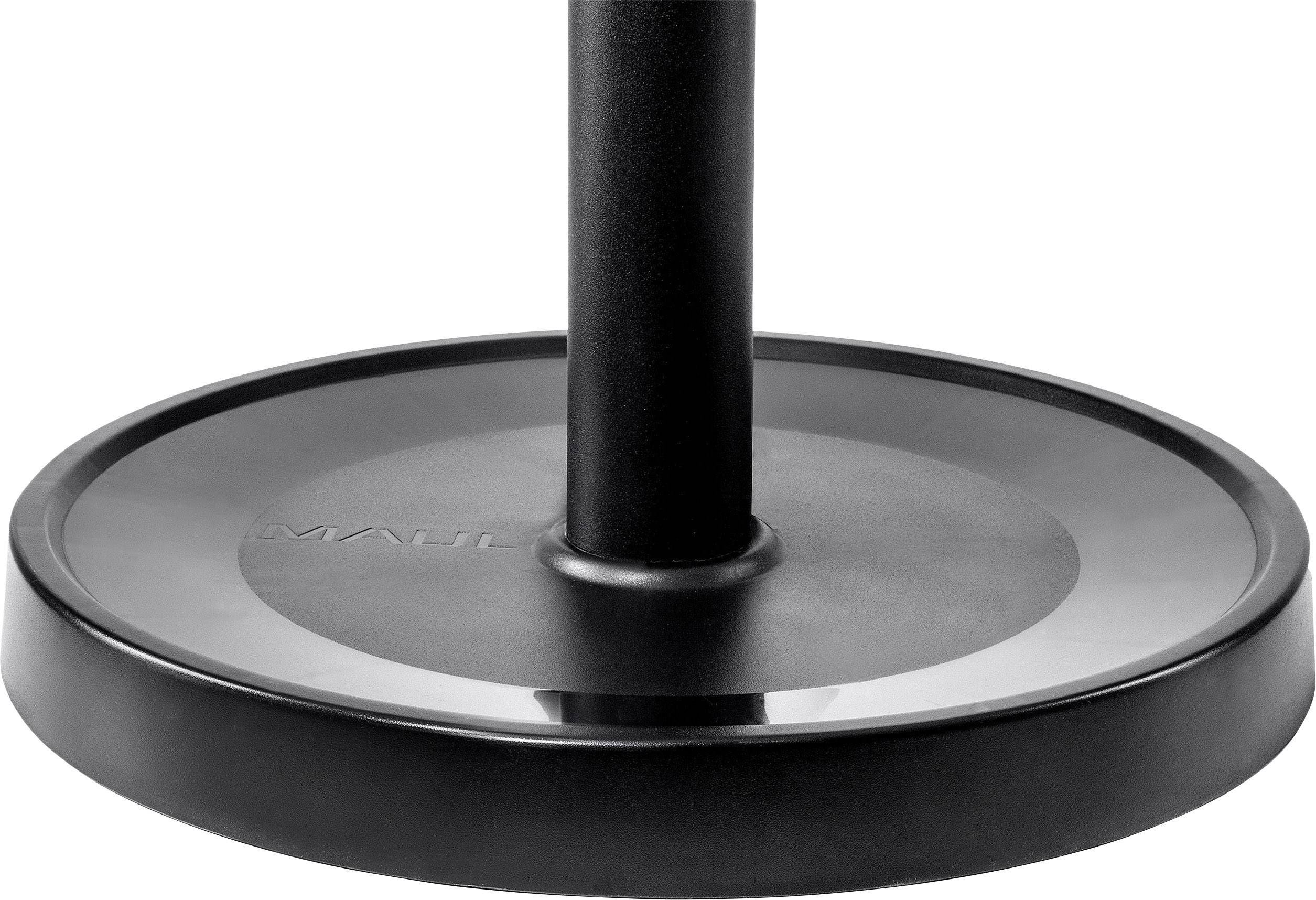 Czarny, okrągły korpus lampy z pionowym prętem pośrodku. Powierzchnia jest gładka i błyszcząca.