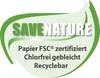 'Ratujmy Przyrodę' zielonym drukiem na projekcie liścia. Tekst: 'Papier certyfikowany FSC®, wybielany bez chloru, nadający się do recyklingu.'