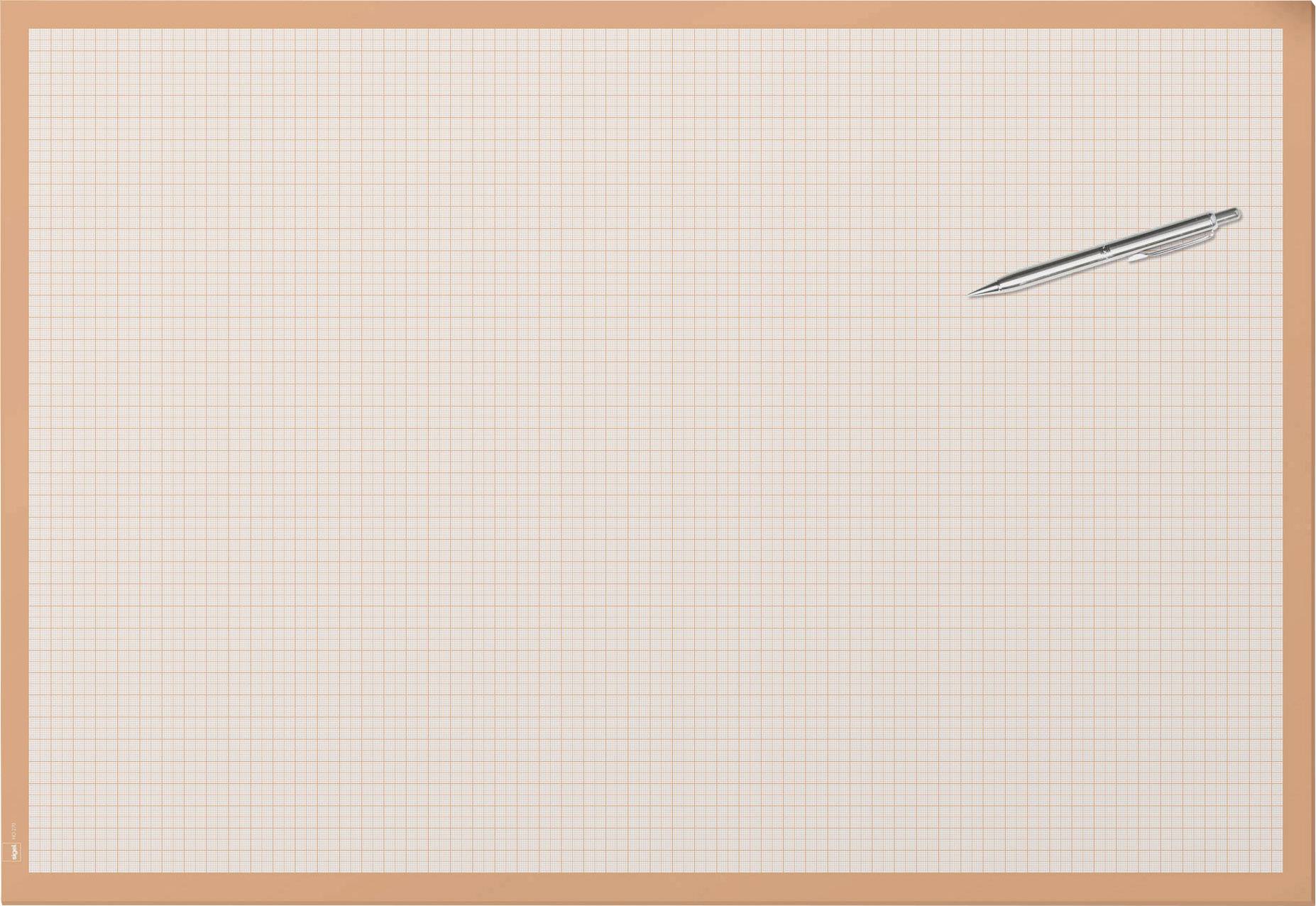 Metalowy długopis leży w prawym górnym rogu pustego, pomarańczowo obramowanego arkusza papieru w kratkę.