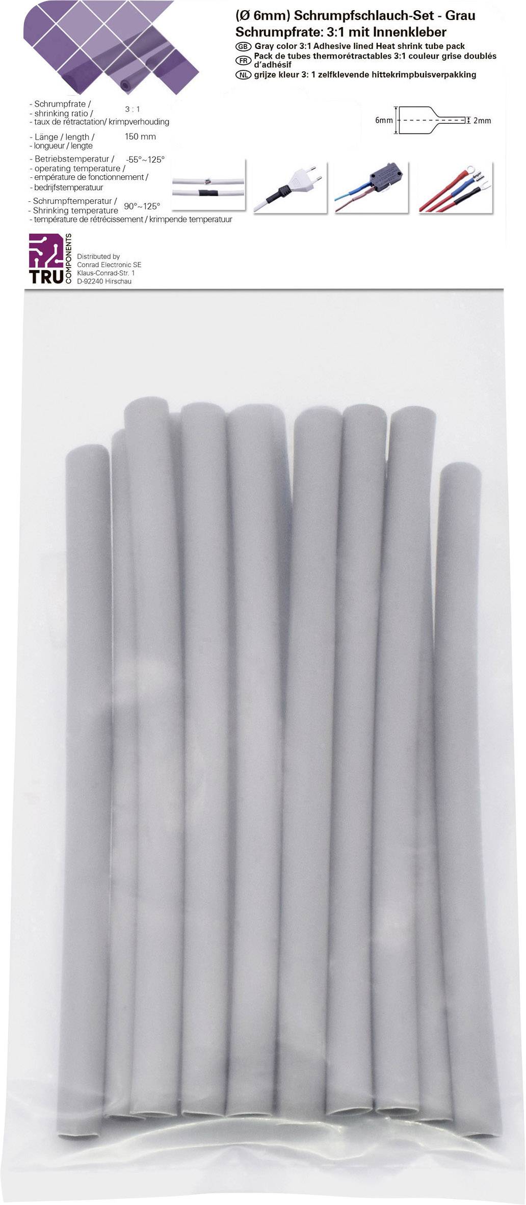 Zestaw szarych termokurczliwych rurek o średnicy 6 mm, zapakowanych w przezroczystą torbeczkę, przeznaczonych do zabezpieczania przewodów.