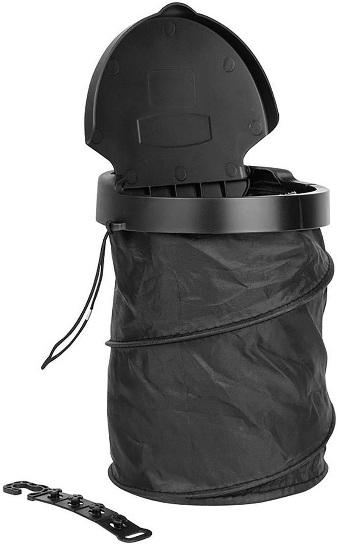 Czarny, składany kosz na śmieci z otwartą, okrągłą pokrywą i zamknięciem do mocowania. Idealny do samochodu lub na zewnątrz.
