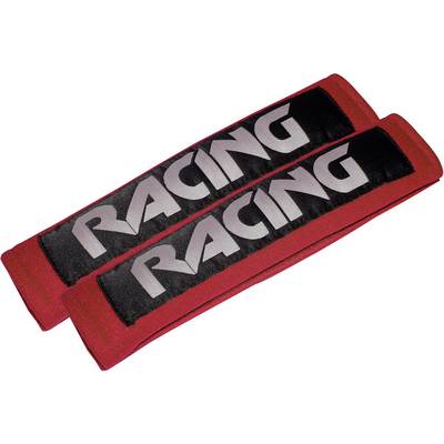 Dwa czerwone nakładki na pasy bezpieczeństwa z napisem 'RACING' srebrną czcionką na czarnym tle.