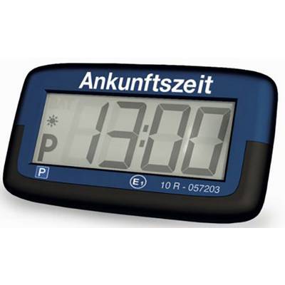Cyfrowa tarcza parkingowa pokazuje 'Godzinę przybycia 13:00' w niebieskiej ramce z piktogramami czasu parkowania i dnia.
