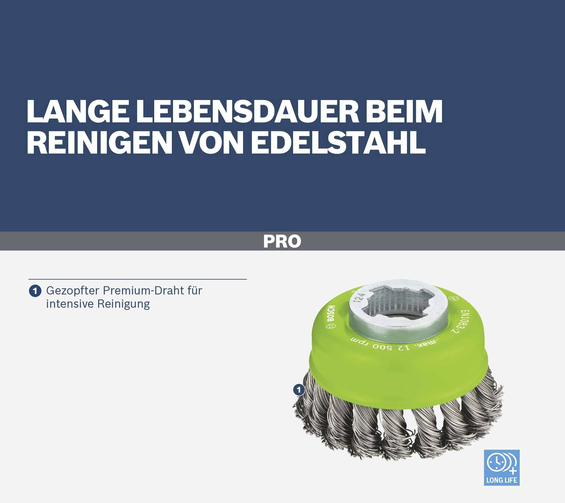 Zielona szczotka ze stalowymi włoskami, tabliczka informacyjna: 'Długa żywotność podczas czyszczenia stali nierdzewnej'. Tekst: 'Szczotkowany drut premium do intensywnego czyszczenia'.