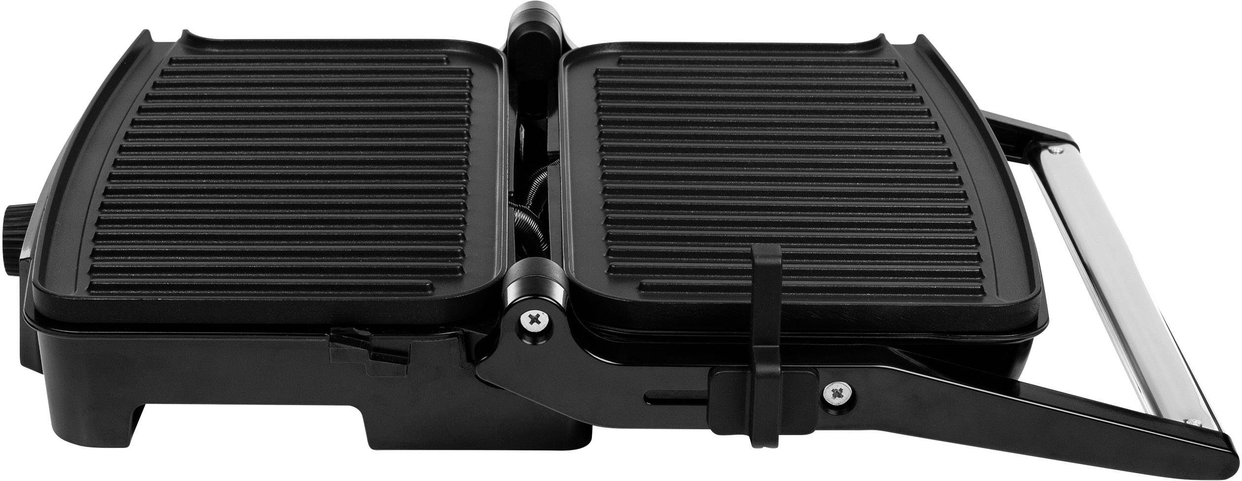 Czarny grill kontaktowy z żebrowanymi płytkami jest otwarty i nachylony na bok. Nadaje się do grillowania potraw.