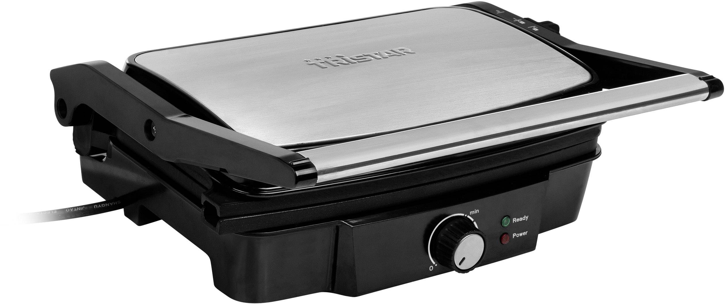 Czarny grill stołowy z powierzchnią ze stali nierdzewnej i regulatorem temperatury. Dwie kontrolki sygnalizują aktualny stan pracy urządzenia.