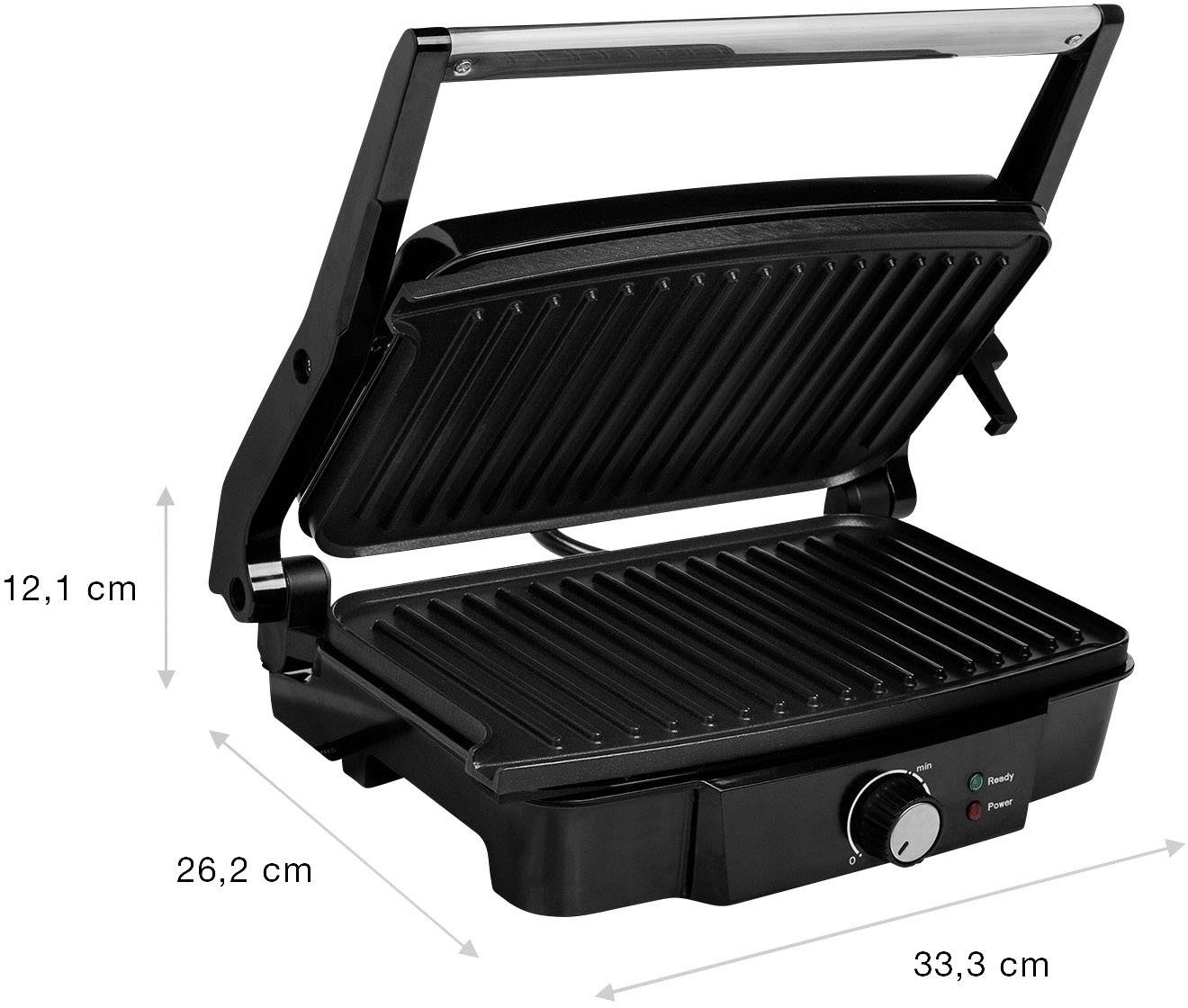 Czarny grill kontaktowy z podnoszoną płytą grillową. Wymiary: 12,1 cm (wys.), 26,2 cm (gł.), 33,3 cm (szer.). Przyciski zasilania i gotowości.