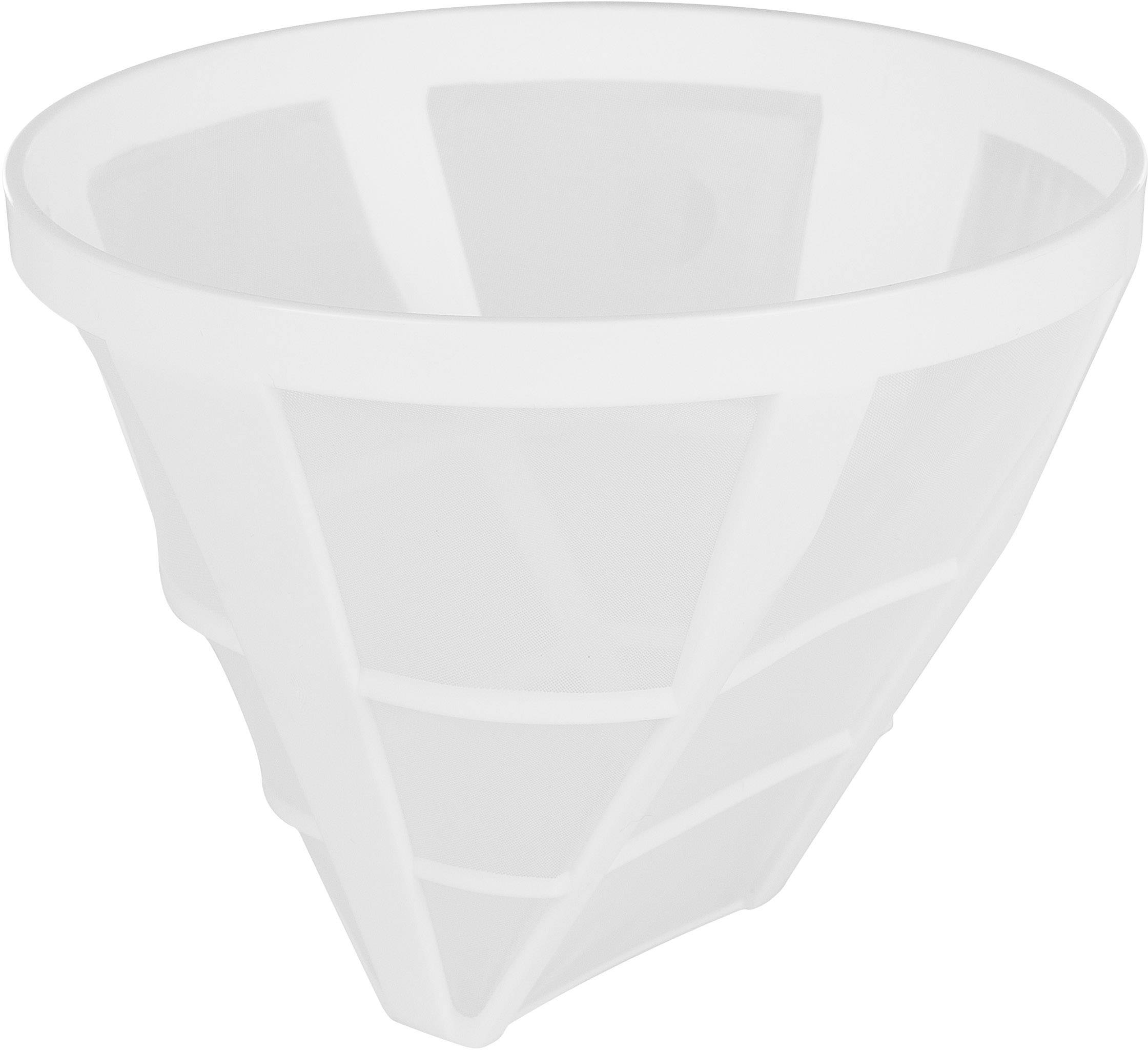 Biały, przezroczysty, stożkowy lejek z tworzywa sztucznego stosowany do filtrowania cieczy.