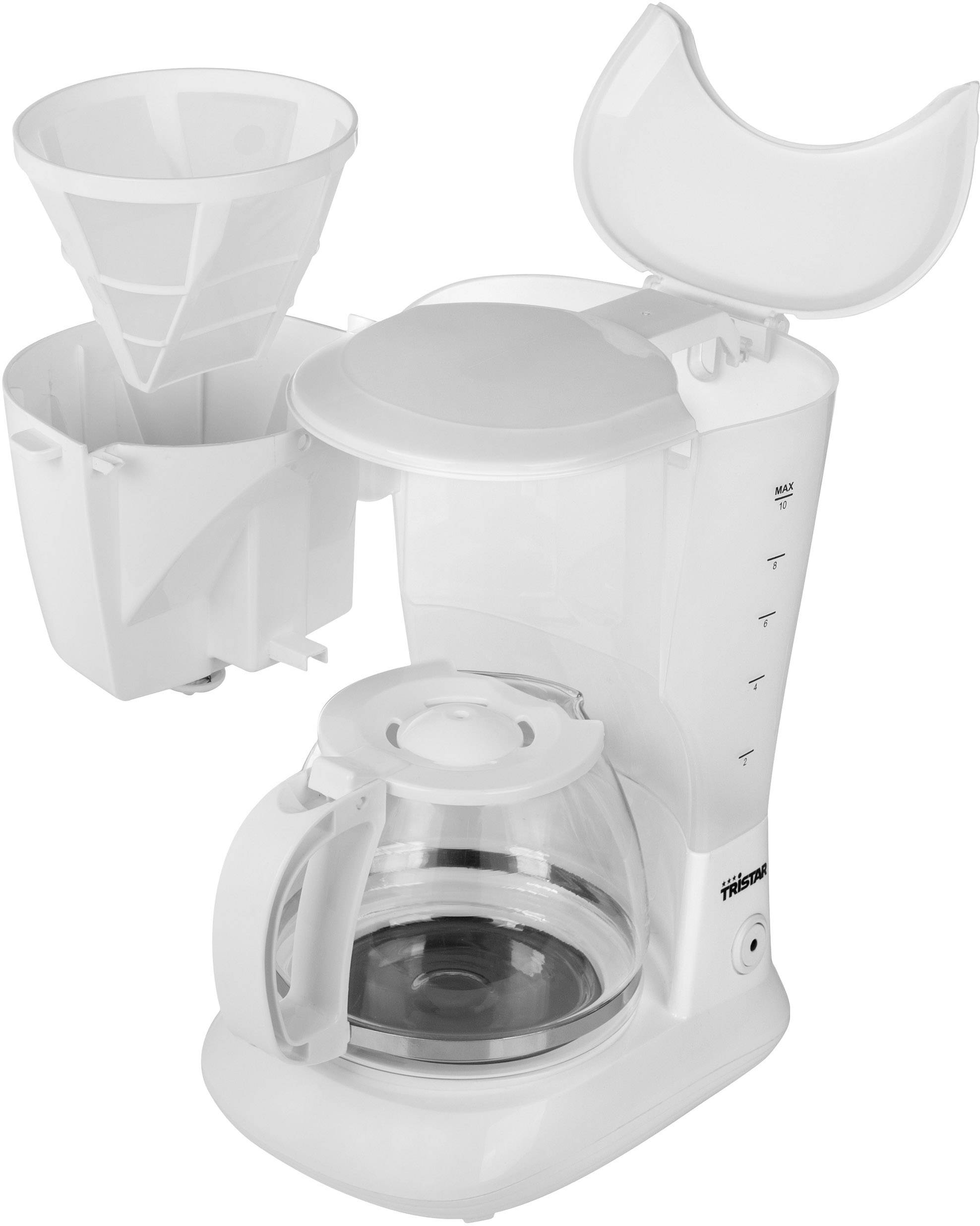 Biała przelewowa ekspres do kawy z otwartym uchwytem filtra i zbiornikiem na wodę, prezentująca widok wewnętrzny oraz szklaną karafkę poniżej.