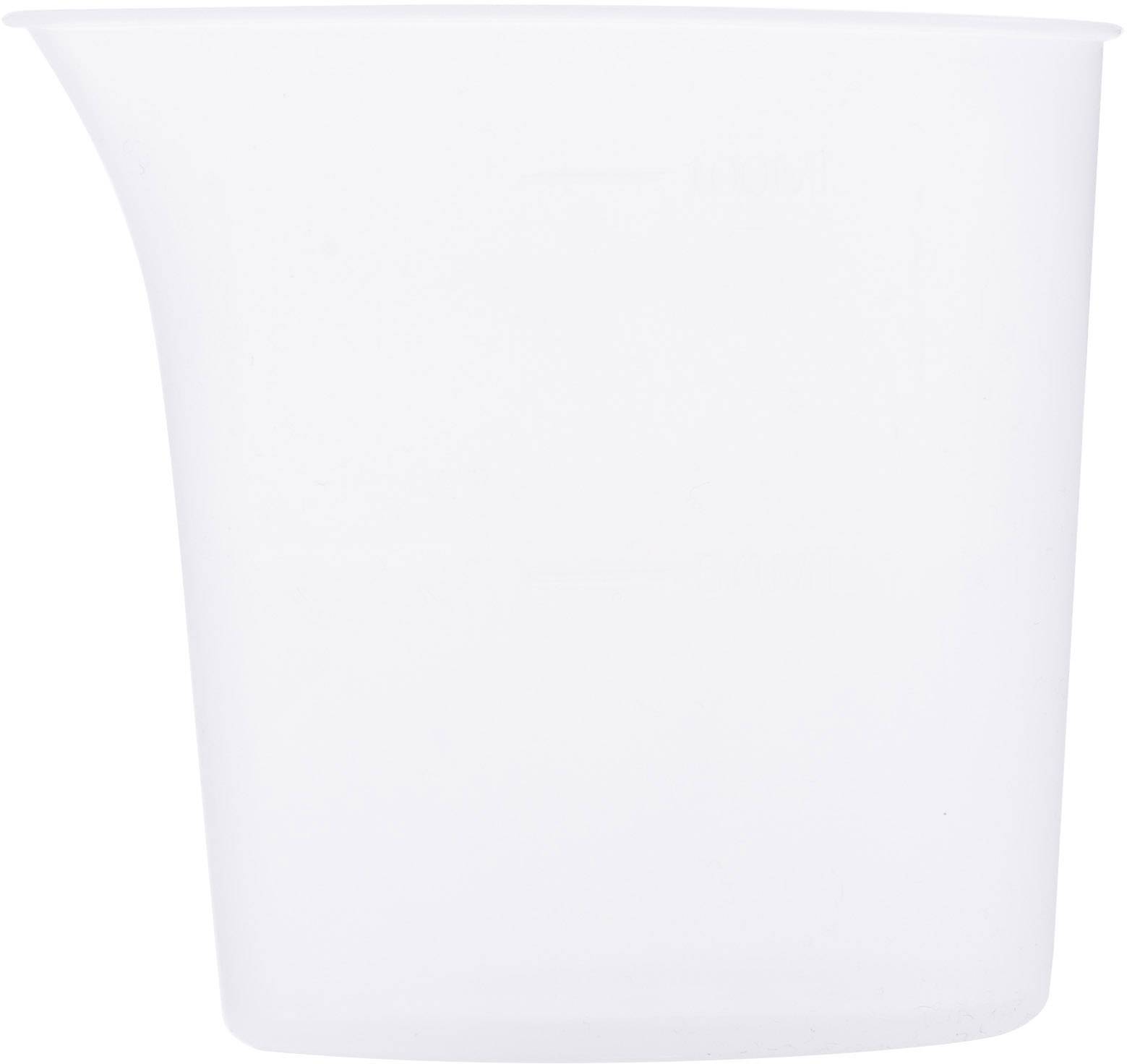 Przezroczysty mirek kuchenny w kształcie cylindra z wylewką. Idealny do odmierzania płynów w kuchni lub laboratorium.