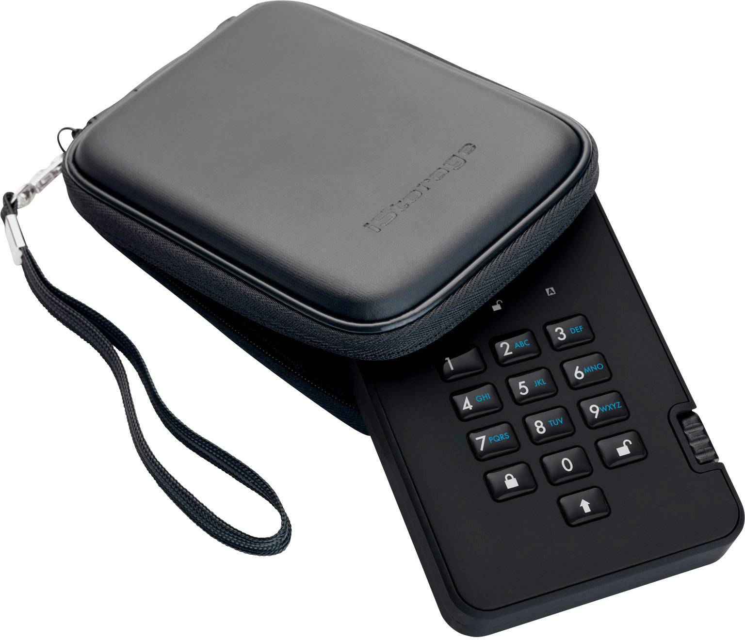 Przenośna, bezpieczna obudowa dysku twardego z klawiaturą numeryczną do wprowadzania kodu PIN. Czarna obudowa ochronna z paskiem do noszenia.