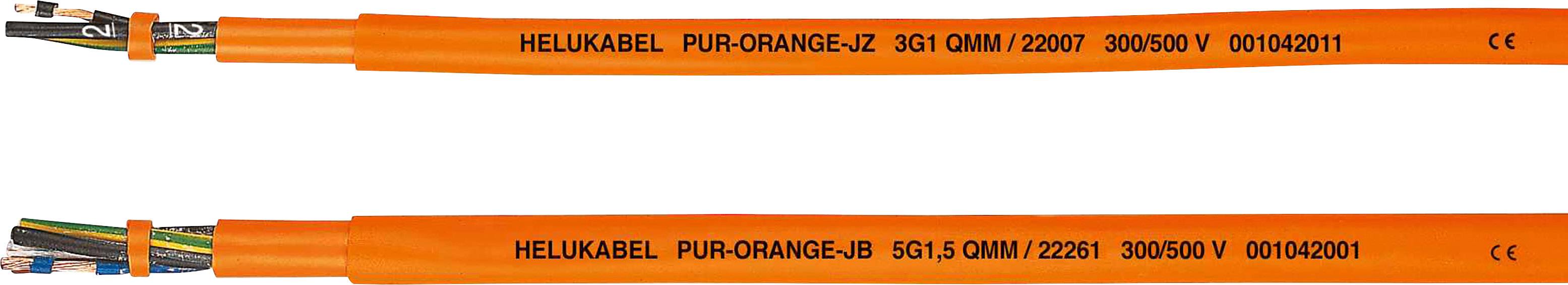Dwa pomarańczowe przewody Helukabel, każdy z oznakowaniem: 'HELUKABEL PUR-ORANGE' oraz specyfikacją kabla, prezentujące różne modele.