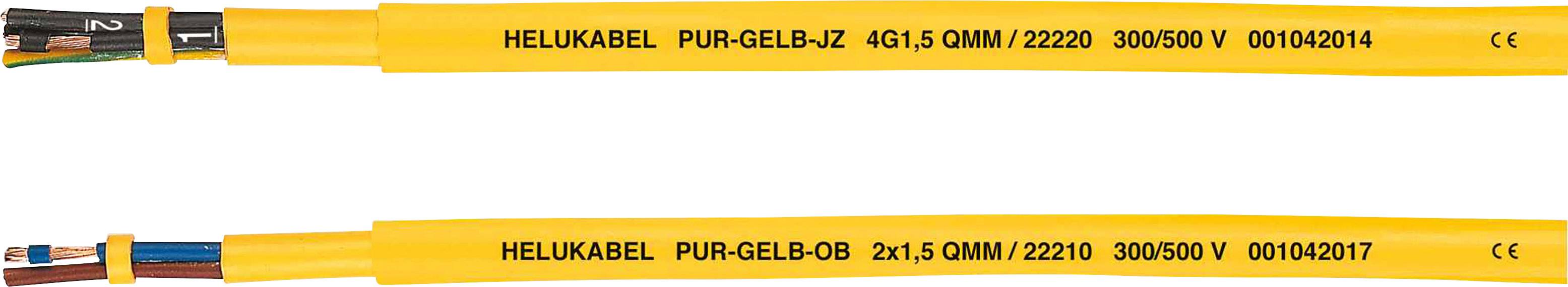 Dwa żółte kable HELUKABEL z czarnym tekstem; górny kabel 'PUR-ŻÓŁTY-JZ', dolny 'PUR-ŻÓŁTY-OB', oba 4G1,5 mm², 300/500 V.
