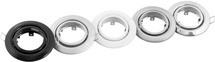 Pięć okrągłych opraw podtynkowych w rzędzie, w różnych kolorach: czarny, srebrny, biały. Oprawa bez żarówek.