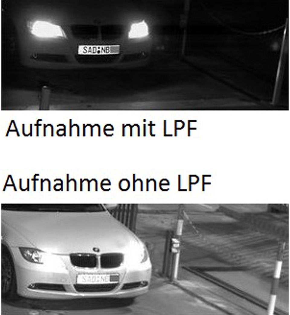 Dwa zdjęcia samochodu w nocy. Na górze: 'Zdjęcie z LPF', reflektory prześwietlone. Na dole: 'Zdjęcie bez LPF', samochód i reflektory wyraźnie widoczne.