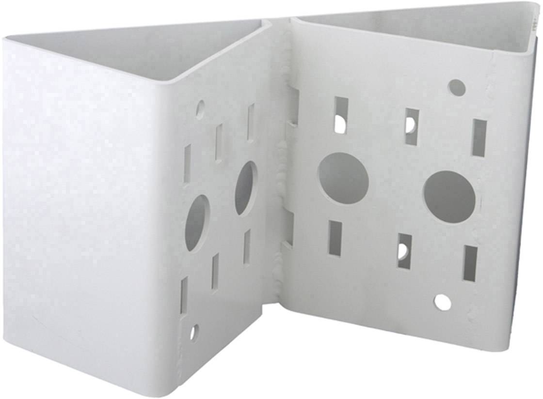 Biały plastikowy uchwyt kątowy z wieloma okrągłymi i prostokątnymi otworami, używany do mocowania w narożnikach lub na krawędziach.
