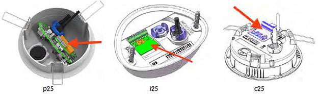 Trzy ilustracje urządzeń ze strzałkami oznaczającymi różne komponenty. Etykiety: 'p25', 'l25', 'c25'. Przedstawiające widoki wewnętrzne.