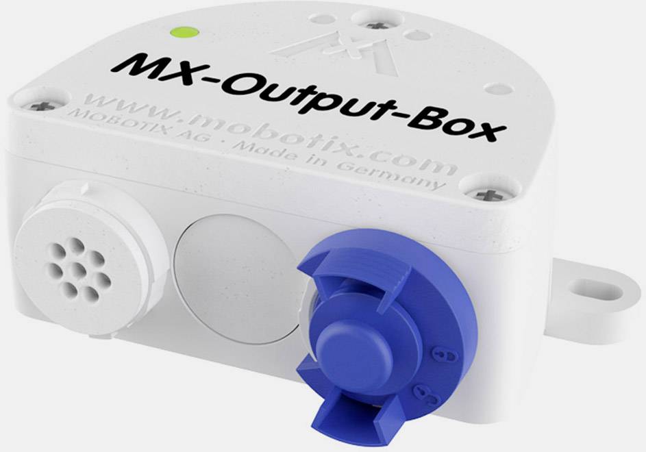 Biała skrzynka wyjściowa MX firmy MOBOTIX z niebieskim, okrągłym elementem. Tekst na pudełku: 'MX-Output-Box'.
