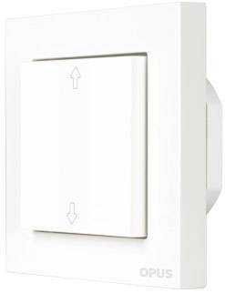 Biały przełącznik naścienny z przyciskami strzałek w górę i w dół; prostokątny i minimalistyczny, przeznaczony do sterowania elektrycznego.
