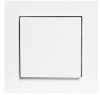 Kwadratowy, biały włącznik światła na środku białego tła.