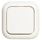 Biały, kwadratowy włącznik światła z zaokrąglonymi rogami na neutralnym tle.