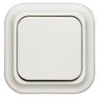 Biały włącznik światła na białym tle, w kształcie kwadratu z zaokrąglonymi rogami, wycentrowany w obrazie.