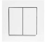 Włącznik światła z dwiema równolegle ułożonymi klawiszami na białym tle. Oba klawisze są prostokątne i umieszczone obok siebie.