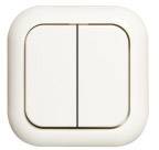 Biała podwójna przycisk włącznika świateł, prostokątny kształt, zaokrąglone narożniki, odpowiedni do stosowania wewnątrz pomieszczeń.