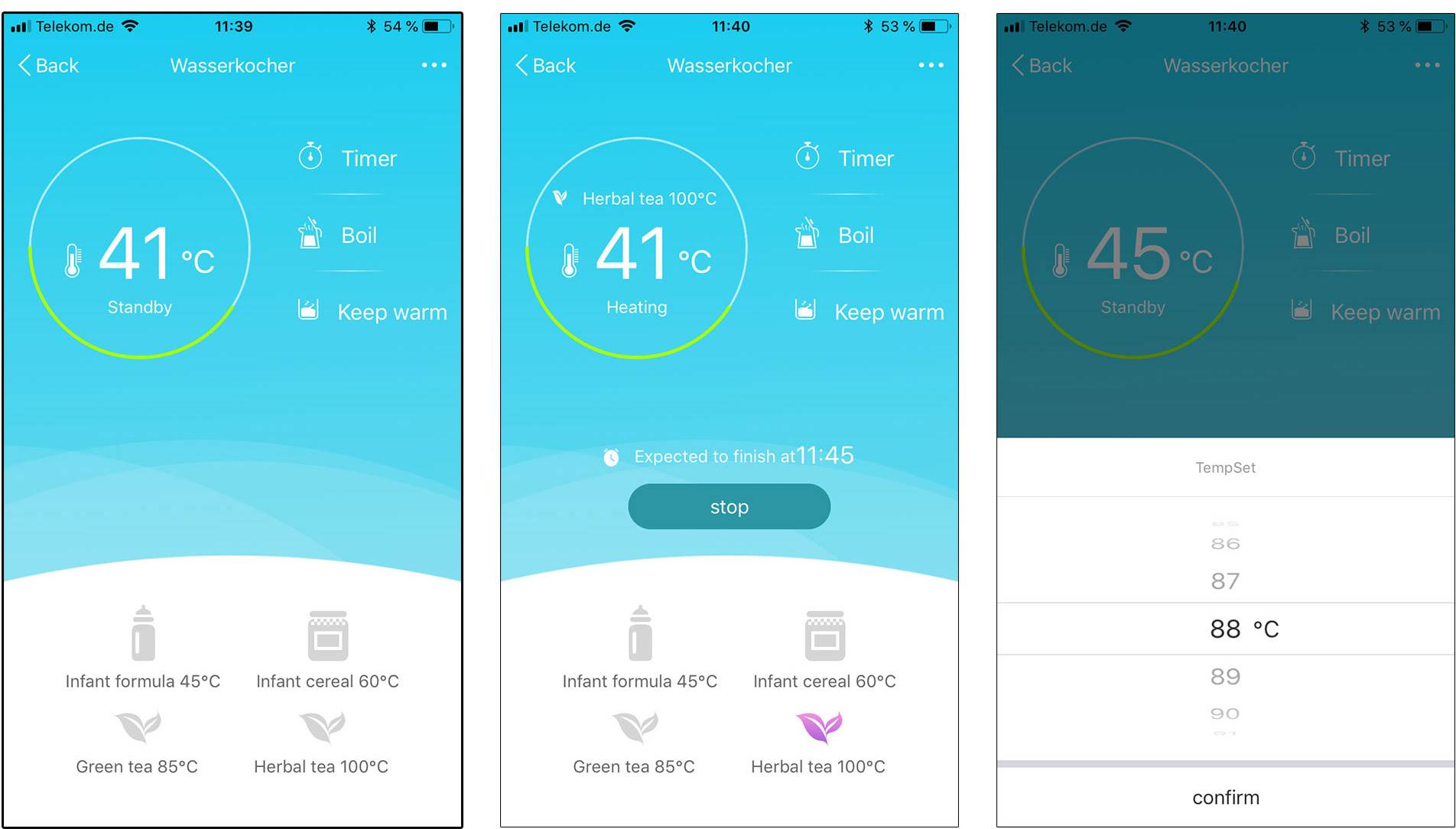 Trzy ekrany smartfonów przedstawiają aplikację do kontroli temperatury z różnymi opcjami podgrzewania i automatycznego utrzymywania ciepła płynów.