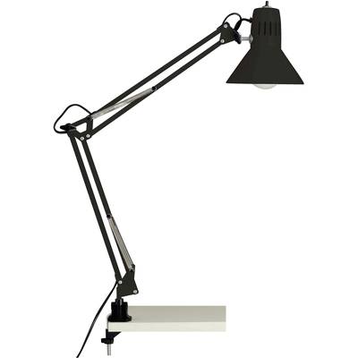 Czarna lampa biurkowa z regulowanym ramieniem, mocowana do krawędzi blatu.