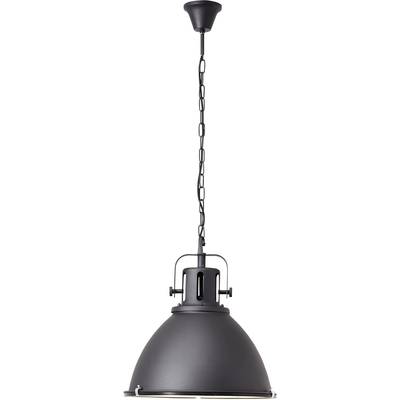 Czarna lampa wisząca z metalu z zawieszeniem łańcuchowym, odpowiednia do industrialnych przestrzeni mieszkalnych lub kuchni.