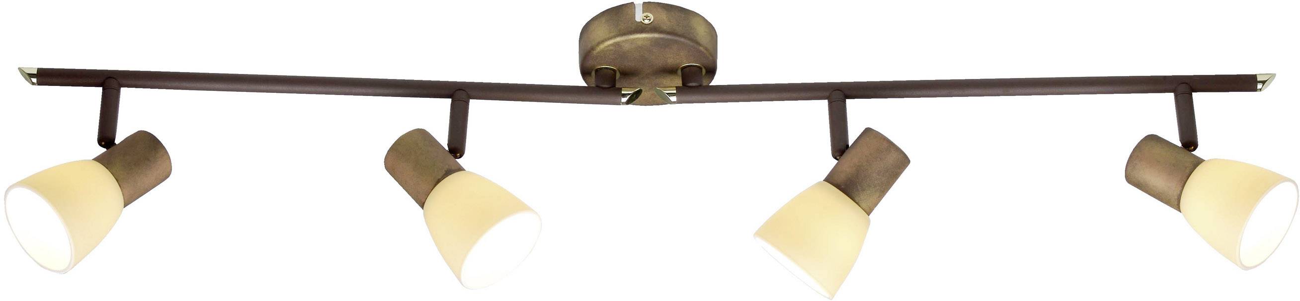 Czterorzędowa lampa sufitowa z brązowymi oprawkami i żółto-beżowymi kloszami, odpowiednia do równomiernego oświetlenia pomieszczenia.