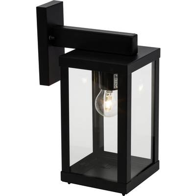 Czarna kinkiet zewnętrzny ze szklaną obudową i widoczną żarówką, zamocowany na uchwycie ściennym. Minimalistyczny design.