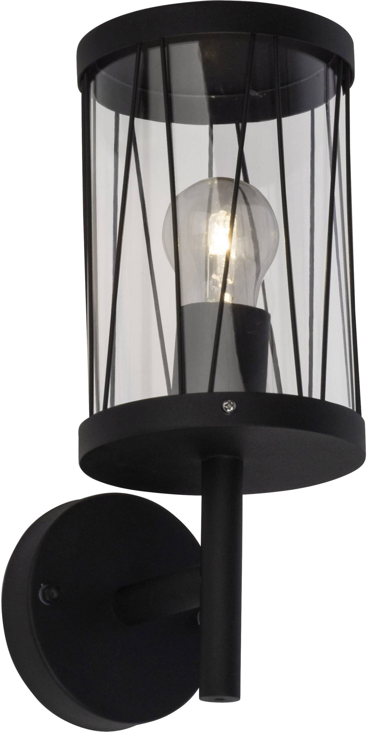 Czarna lampa ścienna z przezroczystym cylindrycznym kloszem, z widoczną żarówką, o nowoczesnym designie. Odpowiednia do stosowania wewnątrz i na zewnątrz pomieszczeń.
