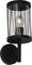 Czarna lampa ścienna z przezroczystym cylindrycznym kloszem, z widoczną żarówką, o nowoczesnym designie. Odpowiednia do stosowania wewnątrz i na zewnątrz pomieszczeń.