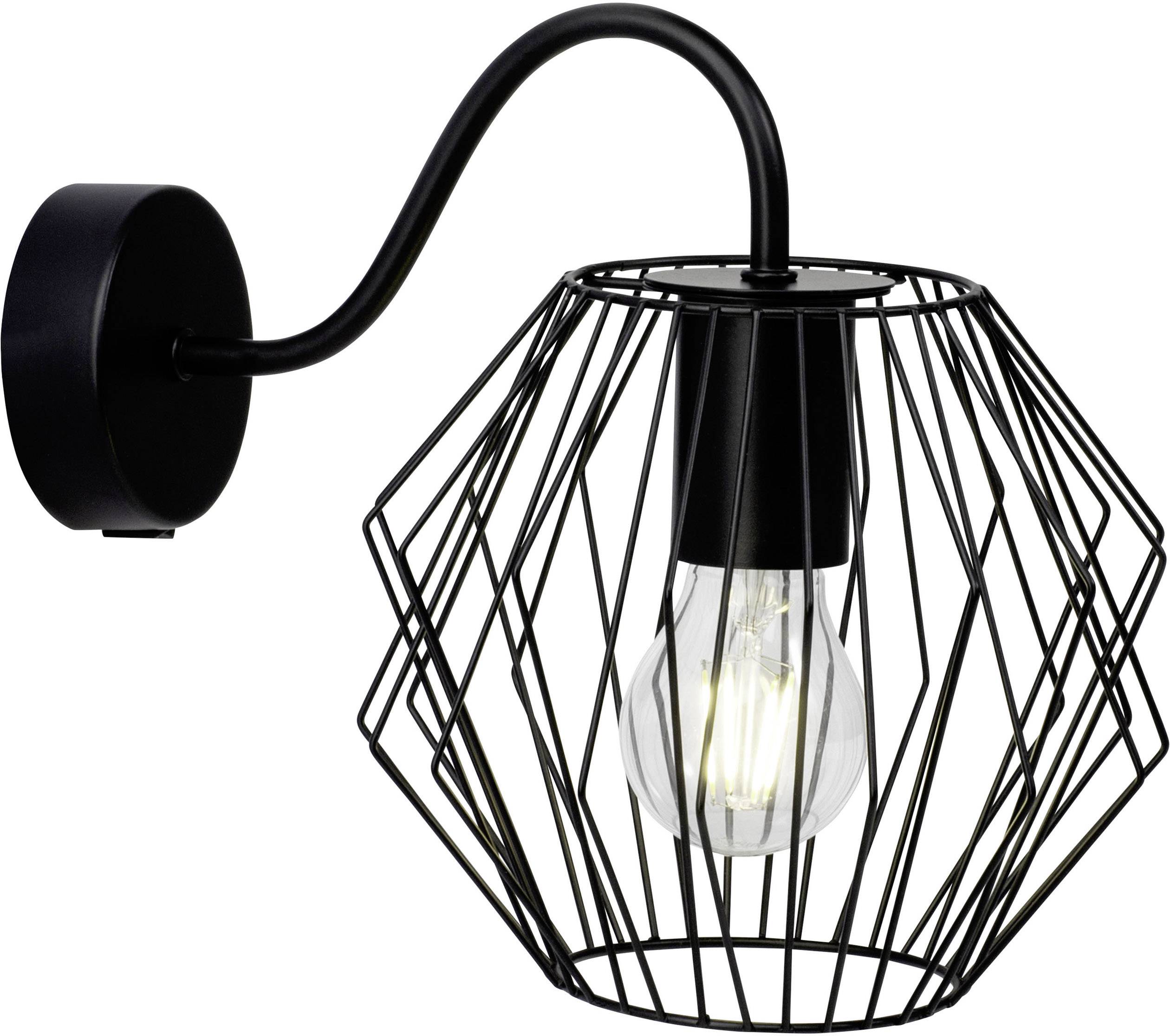Czarna lampa ścienna z zakrzywionym ramieniem i geometrycznym, drucionym kloszem, z odsłoniętą żarówką pośrodku.