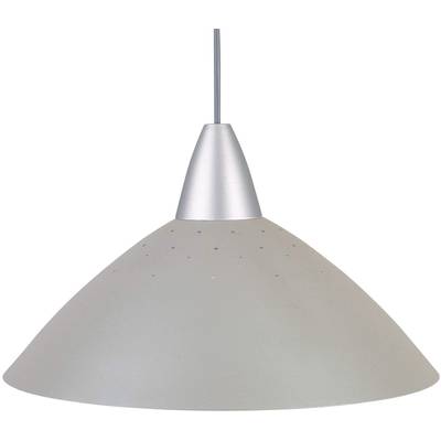 Nowoczesna, srebrna lampa sufitowa o stożkowatym kształcie zawieszona na cienkiej lince, idealna do subtelnego oświetlenia pomieszczenia.