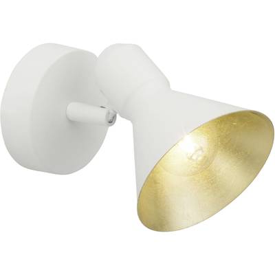 Biała lampa ścienna z wnętrzem w kształcie stożka, pokrytym powłoką złotą.