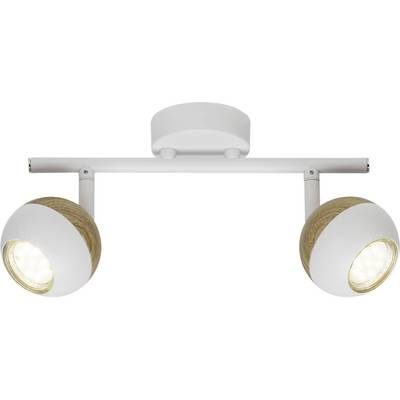 Biała lampa sufitowa z dwoma kulistymi kloszami z drewnianymi akcentami, które można obracać w różnych kierunkach.