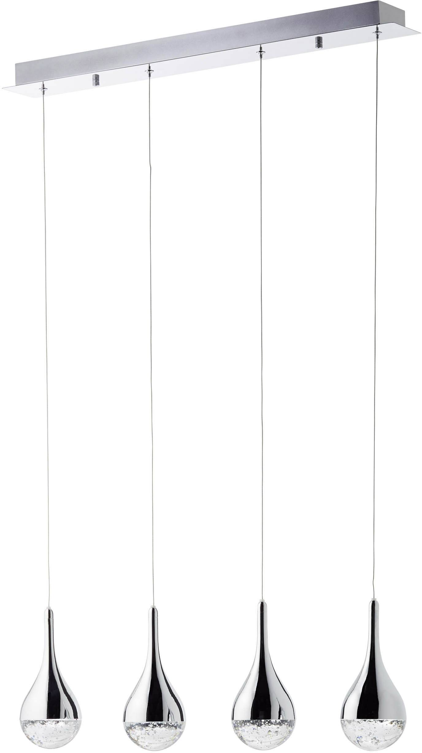 Nowoczesna lampa wisząca z czterema wiszącymi, kształtu kropli kloszami wykonanymi z metalu i szkła, idealna do eleganckiego oświetlenia wnętrz.