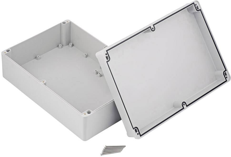 Szare, prostokątne obudowa z tworzywa sztucznego ze zdjętą pokrywą i śrubami, odpowiednia do przechowywania elementów elektronicznych.