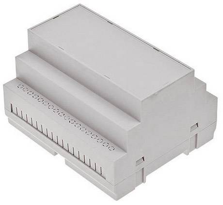 Szare obudowa elektroniczna w kształcie prostokąta, odpowiednia do montażu na szynie DIN. Posiada kilka otworów wentylacyjnych.