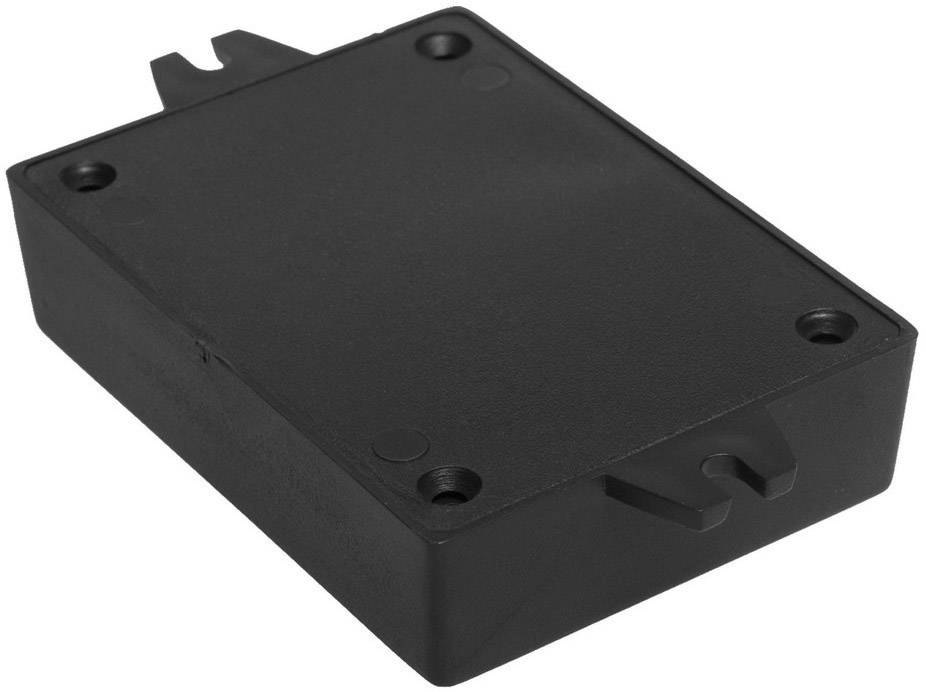Prostokątna, płaska, czarna obudowa o zaokrąglonych narożnikach z otworami na śruby w każdym rogu, prawdopodobnie wykonana z tworzywa sztucznego.