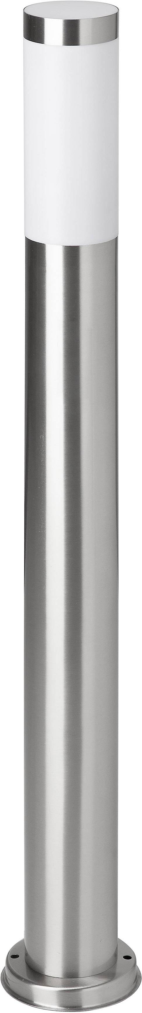 Lampa cokołowa ze stali nierdzewnej o cylindrycznym kształcie z białym dyfuzorem świetlnym, odpowiednia do stosowania na zewnątrz.