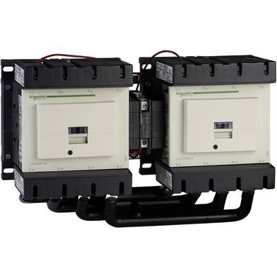 Dwa duże styki elektryczne umieszczone obok siebie, połączone elementami elektronicznymi, z widocznym logo firmowym 'Schneider Electric'.