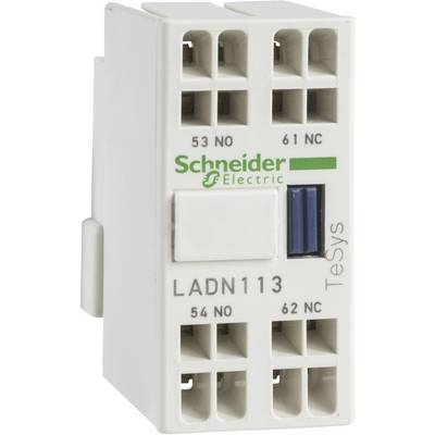 Blok styków Schneider Electric TeSys LADN113 z 4 zaciskami. Oznaczony 53 NO, 54 NO, 61 NC, 62 NC. Biała obudowa z zielonym logo.