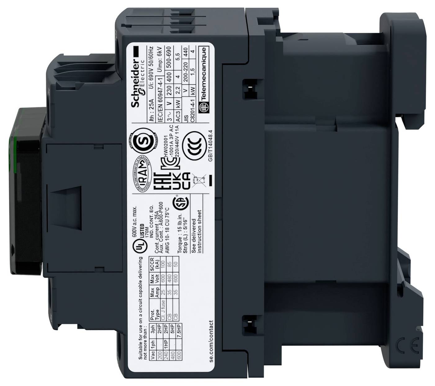 Widok z boku przemysłowego urządzenia elektrycznego Schneider Electric z białą etykietą specyfikacyjną i czarną obudową, pokazanego na zwykłym białym tle.