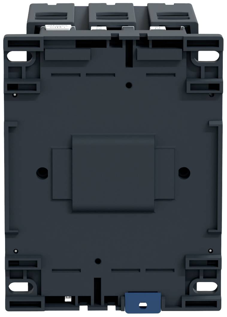 Czarny, prostokątny rozdzielnik elektryczny z niebieskim dźwignięciowym przełącznikiem u dołu, bez widocznych oznaczeń lub znaków.