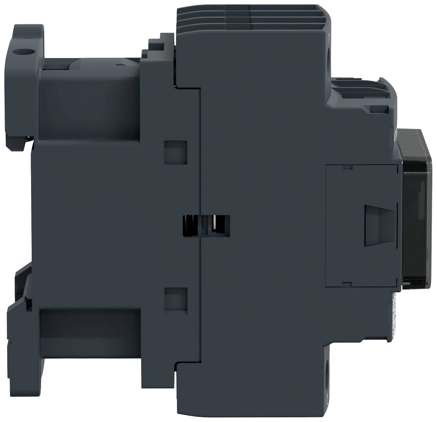 Elektryczne przekaźnik widziany z boku. Obudowa jest ciemnoszara i posiada kilka złączy oraz elementów mocujących.